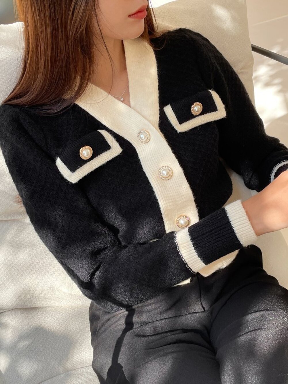 Black Casual Women's Colorblock Long Sleeve Button Design Cardigan